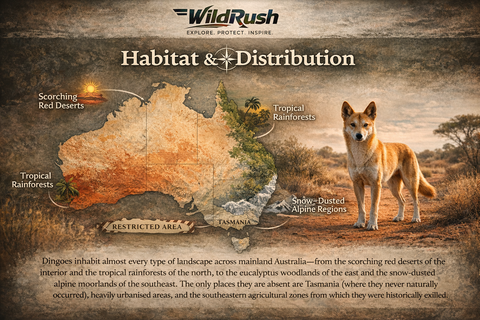 Dingo standing in the Australian outback desert landscape with red sand and sparse vegetation
