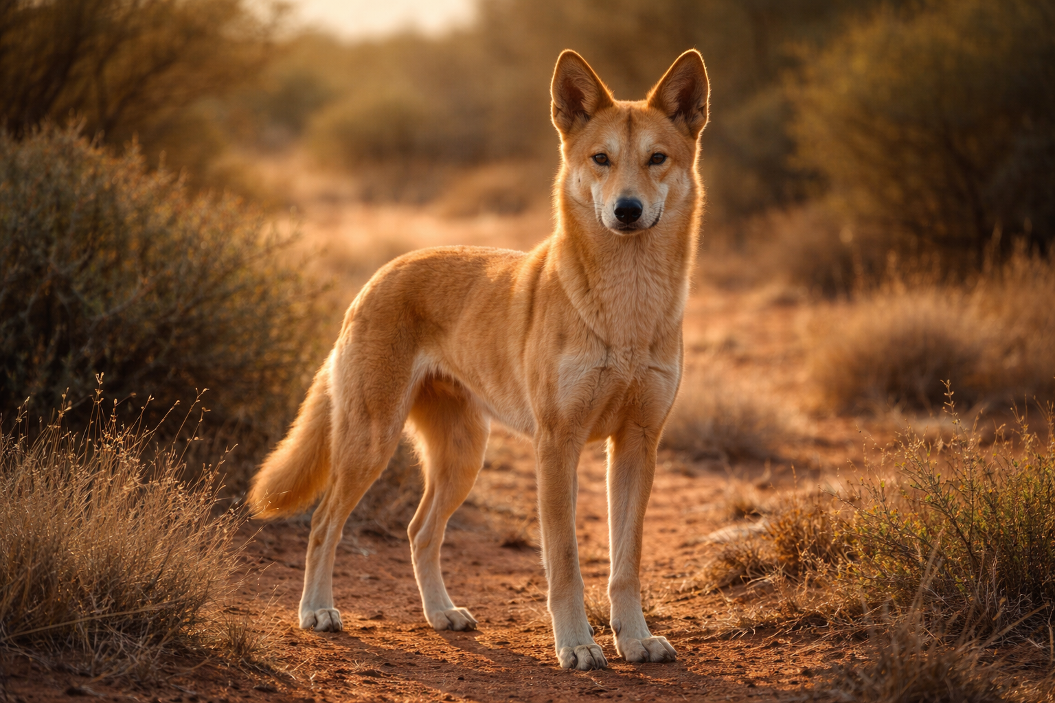 Australian dingo with sandy-gold coat standing in the outback wilderness — iconic wild dog of Australia