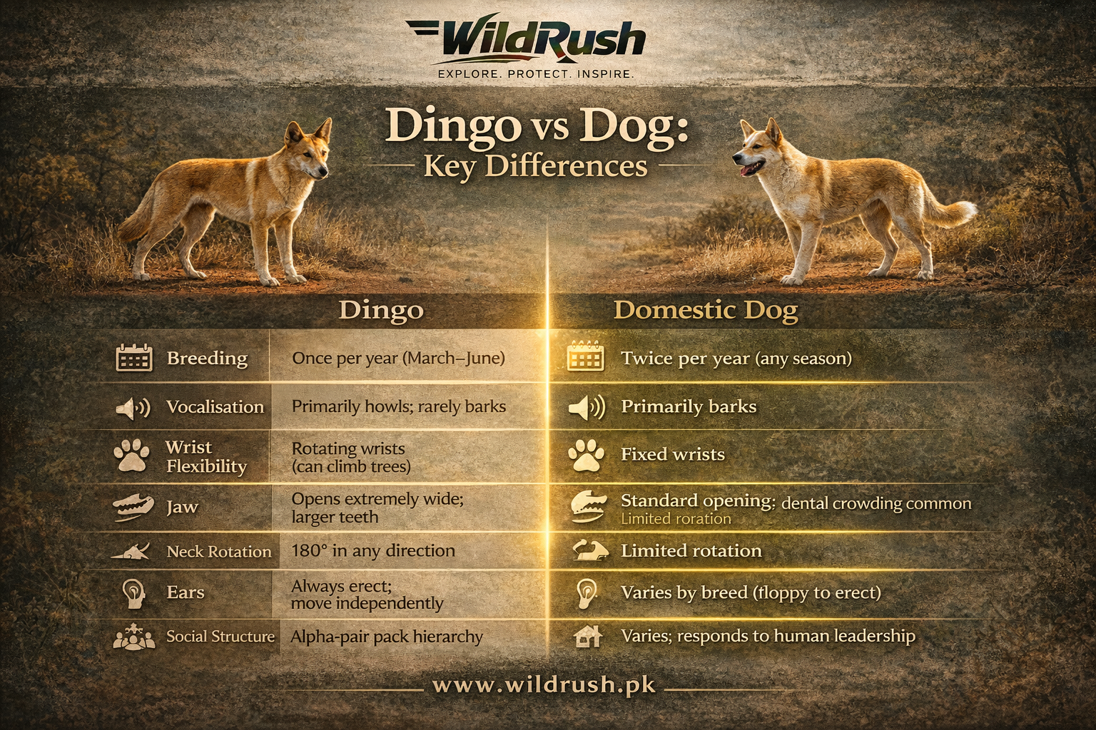 Side-by-side comparison of a dingo and a domestic dog showing key physical differences