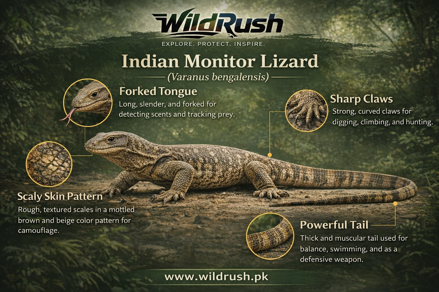 Educational infographic showing the physical anatomy of an Indian Monitor Lizard - forked tongue, sharp claws, powerful tail, scaly skin