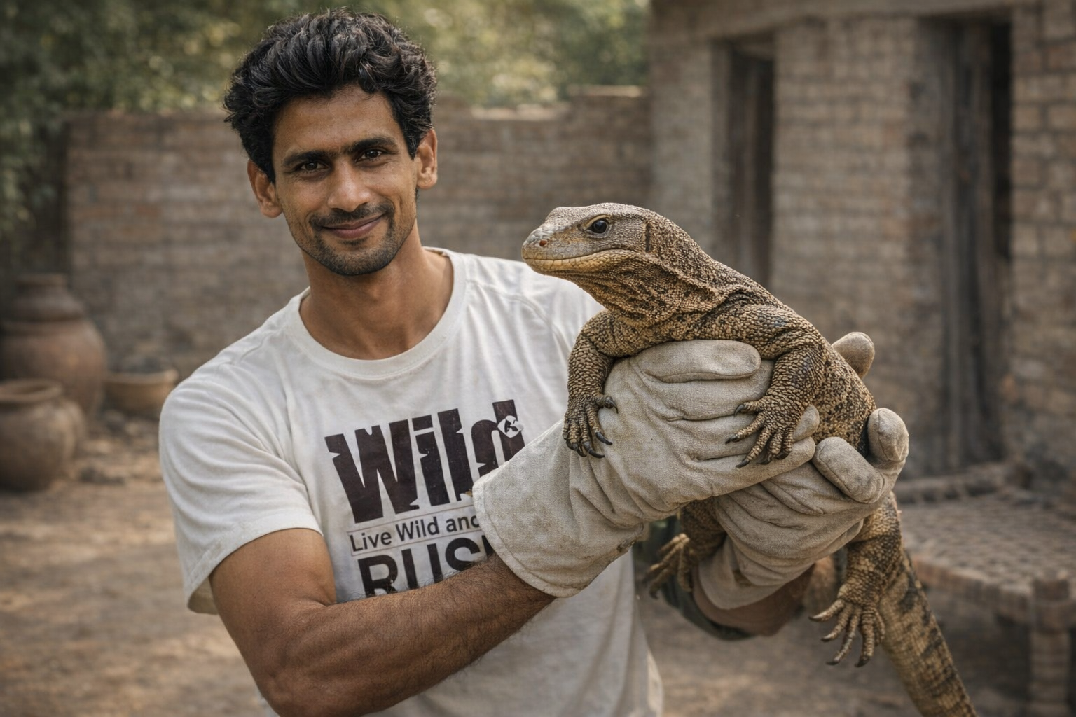 Wildlife rescue team safely handling an Indian Monitor Lizard during a residential rescue operation in rural Pakistan