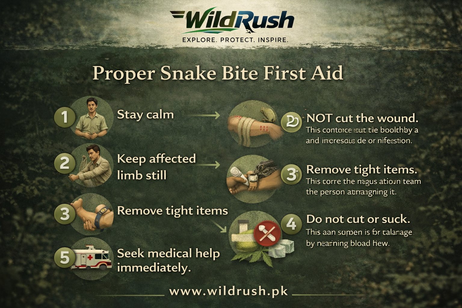 Correct snake bite first aid steps — immobilize limb, wash wound, rush to hospital for antivenom treatment