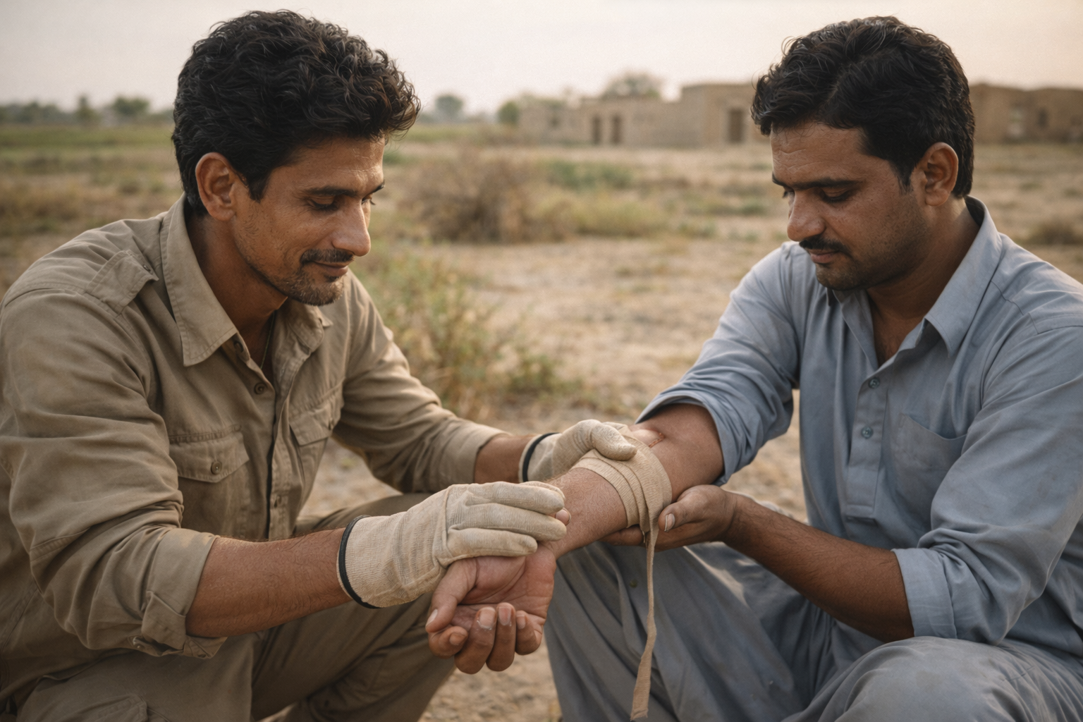 Snake bite first aid emergency scene showing a person receiving proper medical attention after a venomous snake bite in rural Pakistan