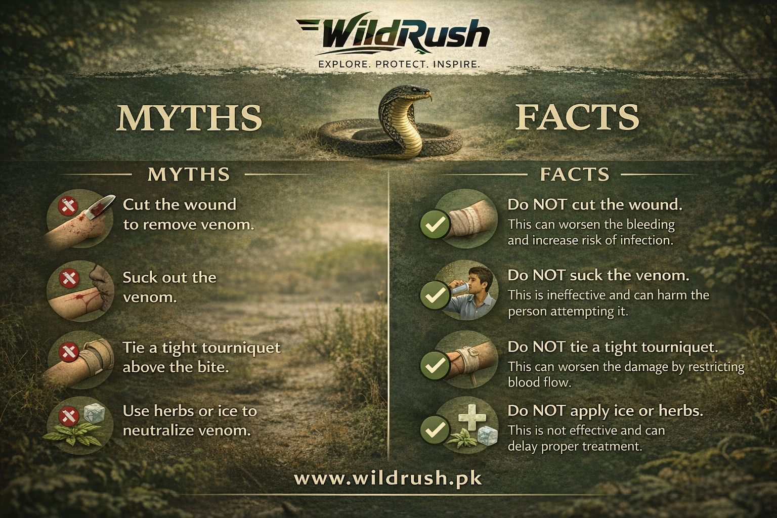 Common snake bite first aid myths and mistakes — tourniquet, cutting wound, sucking venom, herbal remedies