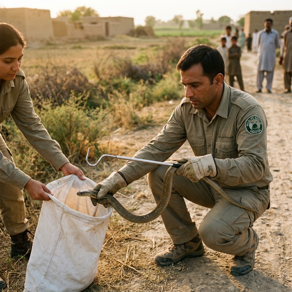 Wildlife rescue team safely handling a snake using a snake hook and cloth bag during a field rescue in rural Pakistan