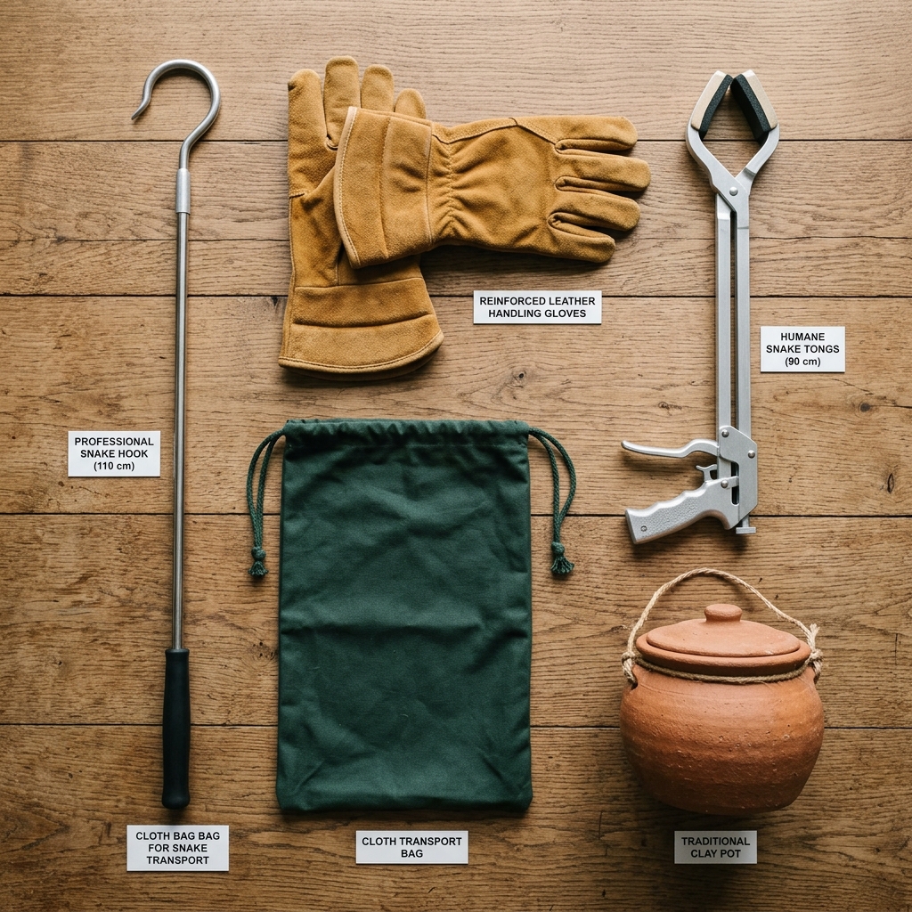 Essential snake handling equipment — snake hook, tongs, leather gloves, cloth bag, and clay pot arranged on a wooden table